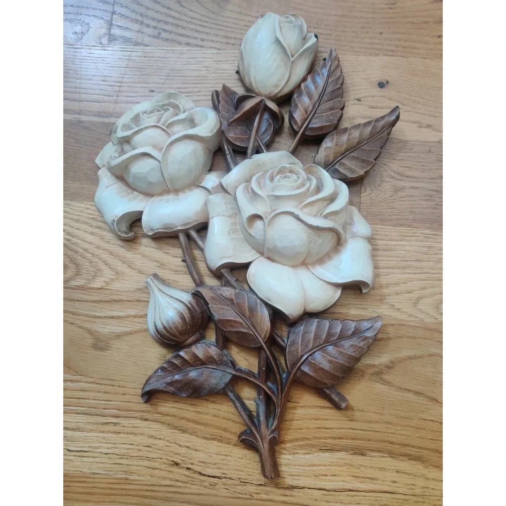 Vintage Mid Century Floral Wall Decor Plaques Set of 2 Roses & Chrysanthemums